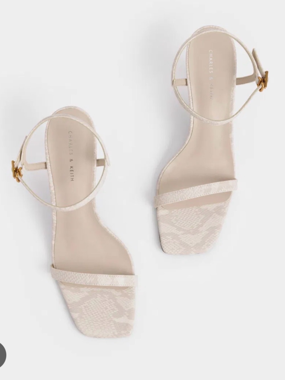 Charles & Keith Nude Snake Embossed Gold Cap Heel Sandals | Size 39 square toe